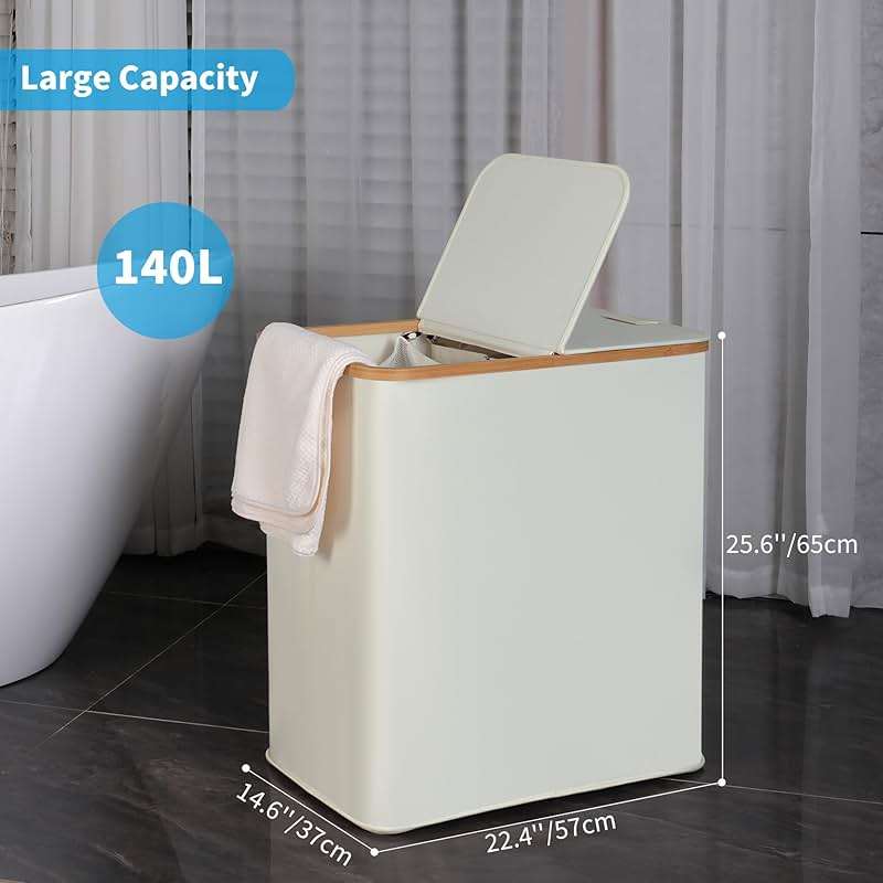 efluky Laundry Hamper with Lid, Double Laundry Hamper with 2 Removable Bags, 2 Section Laundry Basket with Bamboo Handles for Bathroom, Bedroom & Laundry Room, 140L (36.9 Gallon) Beige - Image 4