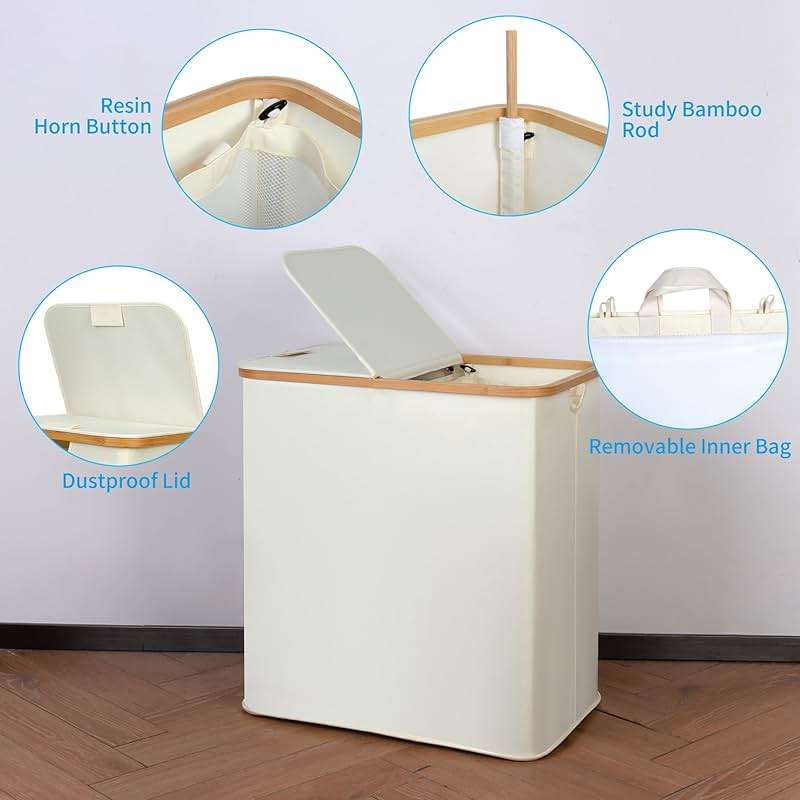 efluky Laundry Hamper with Lid, Double Laundry Hamper with 2 Removable Bags, 2 Section Laundry Basket with Bamboo Handles for Bathroom, Bedroom & Laundry Room, 140L (36.9 Gallon) Beige - Image 6