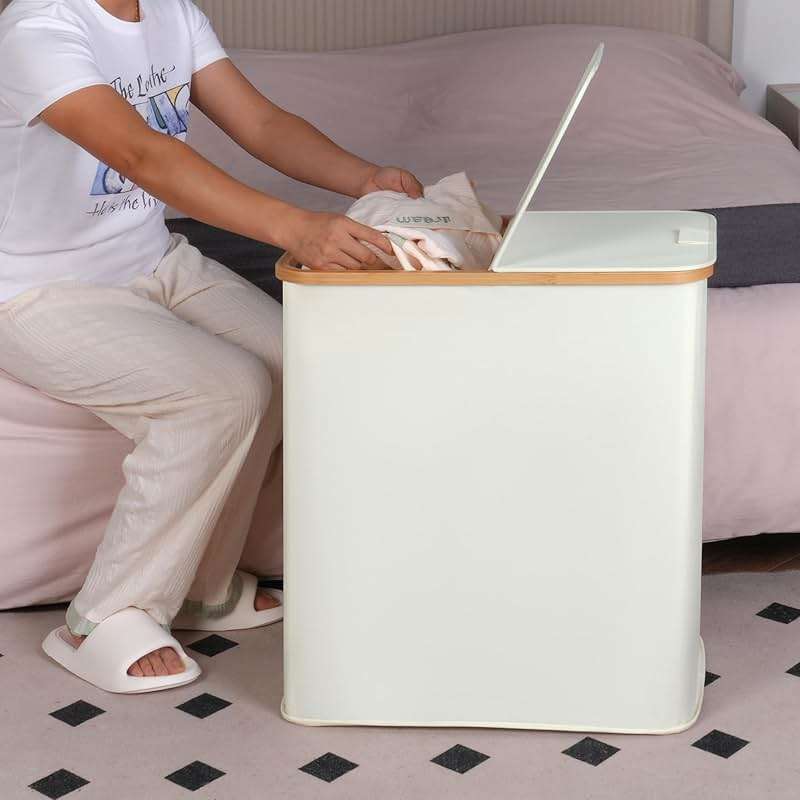 efluky Laundry Hamper with Lid, Double Laundry Hamper with 2 Removable Bags, 2 Section Laundry Basket with Bamboo Handles for Bathroom, Bedroom & Laundry Room, 140L (36.9 Gallon) Beige - Image 9