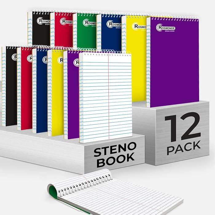 Rosmonde Steno Pads Spiral 6x9 12 Pack, Gregg Ruled Steno Pad, Assorted Colors, 80 Sheets (160 Pages) Long Lasting, Bulk B2B Value Pack, Bulk Steno Notebooks Top Spiral Steno Book for Office & Home - Image 1