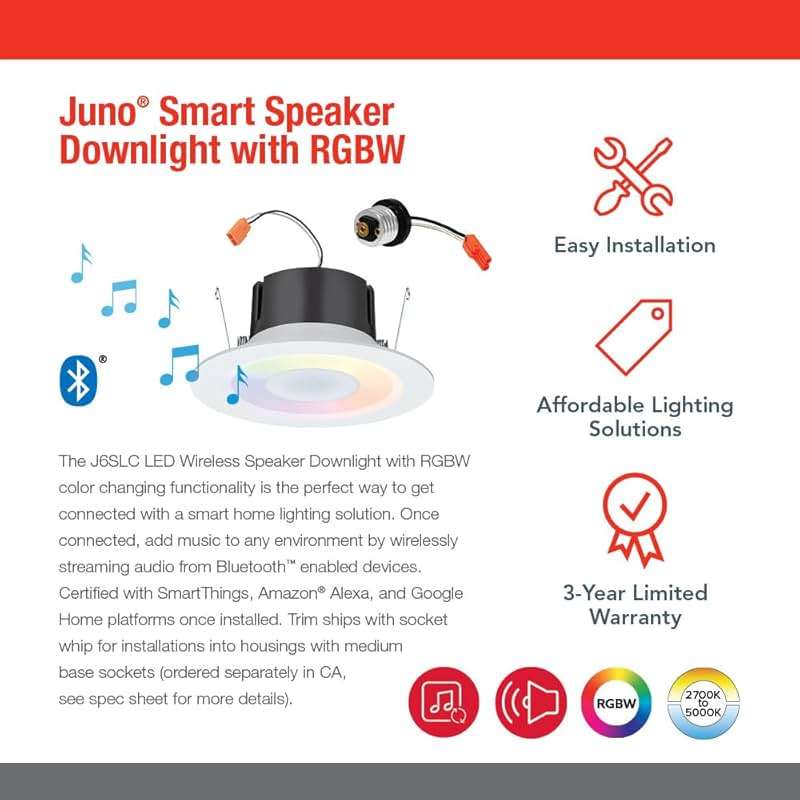 Juno 6 Inch Smart Recessed Light Speaker, Bluetooth, Alexa, Google Home Compatible, RGBW Speaker Downlight, Dynamic Color Red Green Blue White, Matte White (J6SLC RGBW MW M6) - Image 5