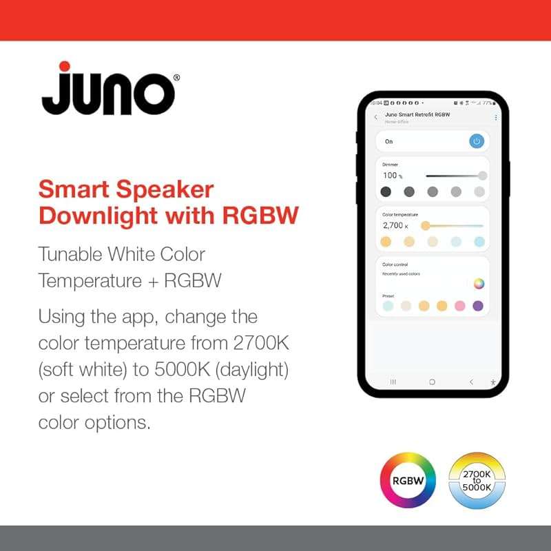 Juno 6 Inch Smart Recessed Light Speaker, Bluetooth, Alexa, Google Home Compatible, RGBW Speaker Downlight, Dynamic Color Red Green Blue White, Matte White (J6SLC RGBW MW M6) - Image 6