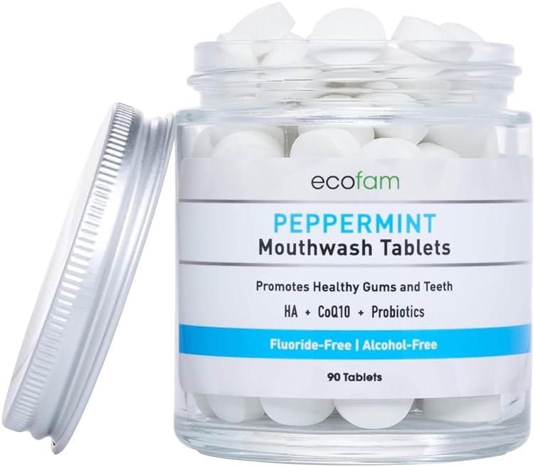 ECOFAM Peppermint Mouthwash Tablets - Chewable Tablet for Fresh Breath Fluoride Free Alcohol Free Travel Size Mouthwash - 90 Tablets - Product Image
