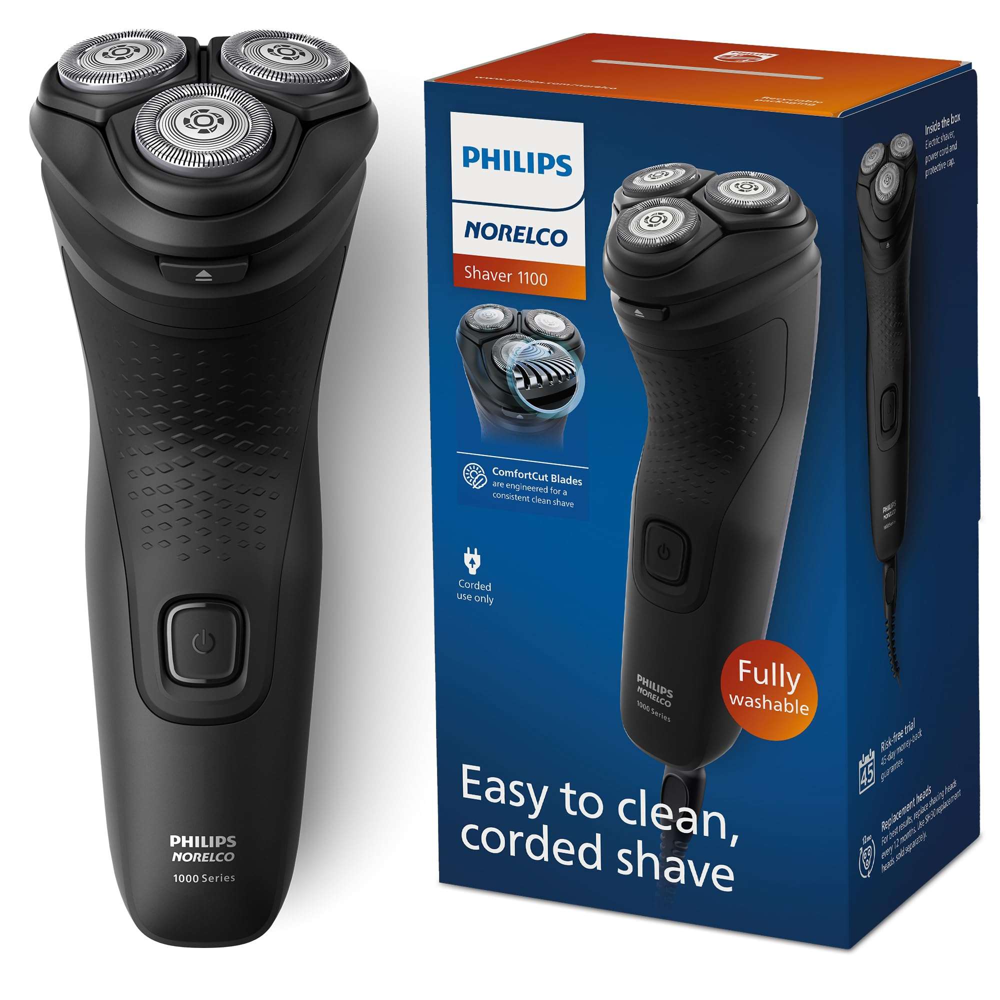 Philips Norelco Shaver 1100 Series, Dry Electric Shaver, 27 Self-Sharpening ComfortCut Blades, 4D Floating Heads, P-Cap, Deep Black, Model S1016/90 - Image 1