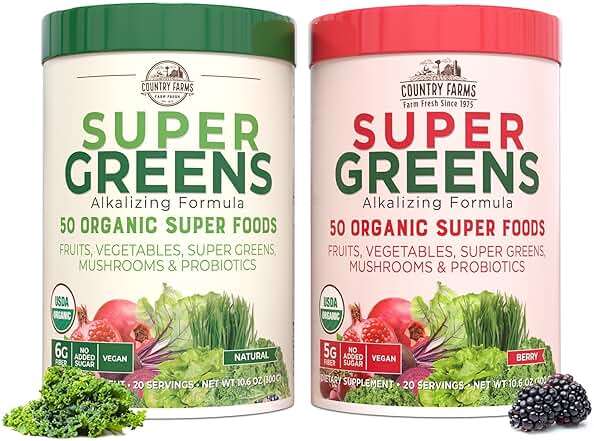Country Farms Super Greens Power Pack, 50 Organic Super Foods, Greens Powder with Probiotics for Gut Health & Bloating Relief, Supports Energy, Unflavored & Berry, 40 Serving - Image 1