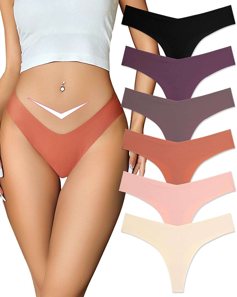FINETOO Seamless Thongs for Women Sexy No Show Panties Invisible V-waisted Stretch Lingerie Underwear 6 Pack - Image 1