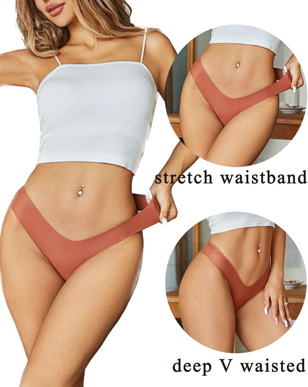 FINETOO Seamless Thongs for Women Sexy No Show Panties Invisible V-waisted Stretch Lingerie Underwear 6 Pack - Image 2