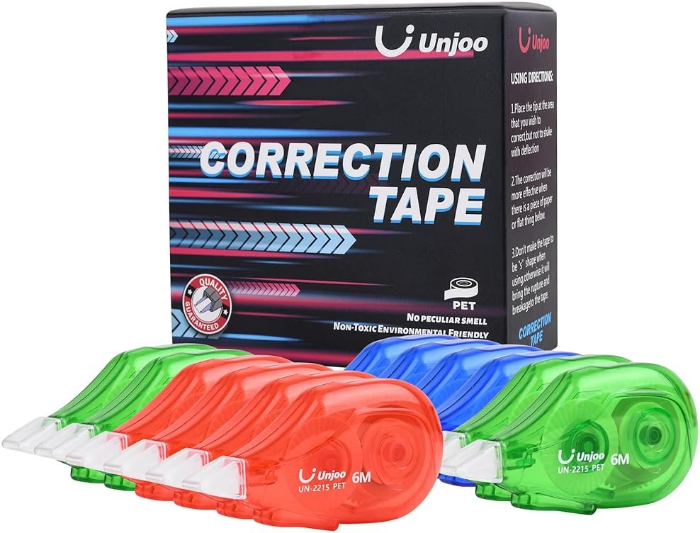 Unjoo White Correction Tape Dispenser, 12-Count Pack, Easy To Use Applicator, Fast, Clean Tear-Resistant Tape For school Supplies, Office (6M/256, 3 colors, Tape Width 0.2in) - Product Image