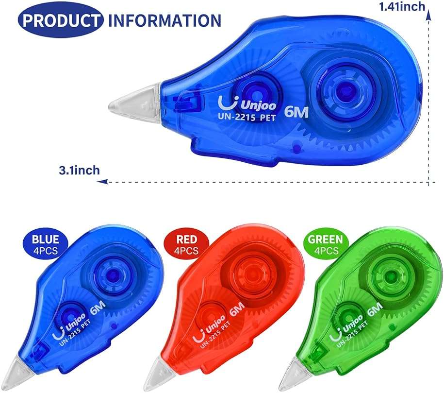 Unjoo White Correction Tape Dispenser, 12-Count Pack, Easy To Use Applicator, Fast, Clean Tear-Resistant Tape For school Supplies, Office (6M/256, 3 colors, Tape Width 0.2in) - Image 2
