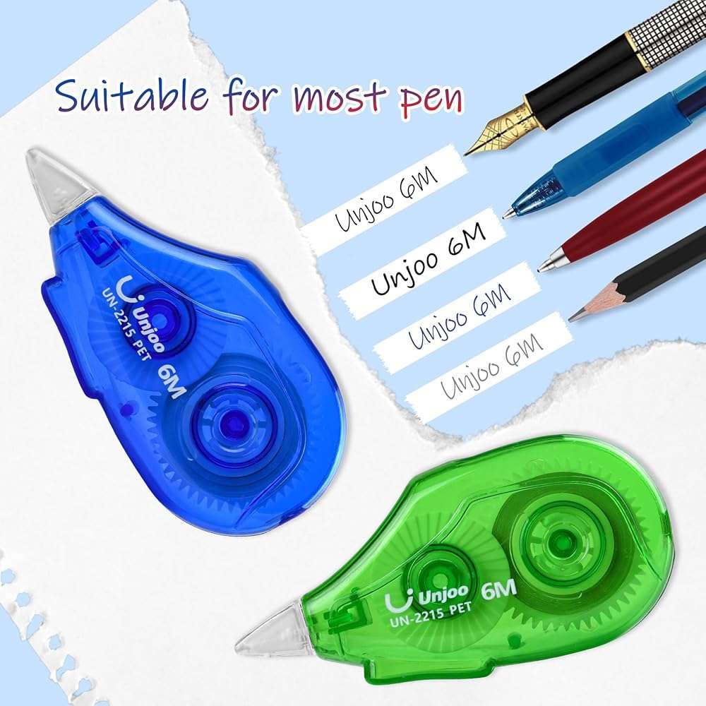 Unjoo White Correction Tape Dispenser, 12-Count Pack, Easy To Use Applicator, Fast, Clean Tear-Resistant Tape For school Supplies, Office (6M/256, 3 colors, Tape Width 0.2in) - Image 5