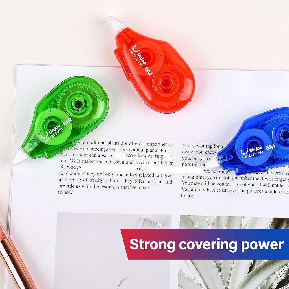 Unjoo White Correction Tape Dispenser, 12-Count Pack, Easy To Use Applicator, Fast, Clean Tear-Resistant Tape For school Supplies, Office (6M/256, 3 colors, Tape Width 0.2in) - Image 6