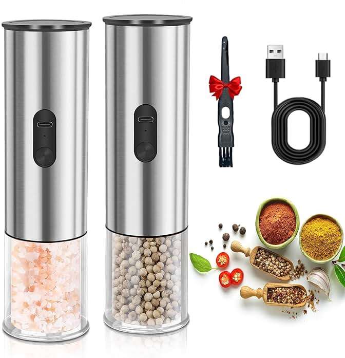 Enutogo Electric Salt and Pepper Grinder Set, Rechargeable Salt and Pepper Shakers Refillable, Automatic Pepper Mill with Adjustable Coarseness, One Hand Operation with LED light, Stainless Steel - Image 1