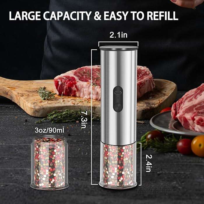 Enutogo Electric Salt and Pepper Grinder Set, Rechargeable Salt and Pepper Shakers Refillable, Automatic Pepper Mill with Adjustable Coarseness, One Hand Operation with LED light, Stainless Steel - Image 2
