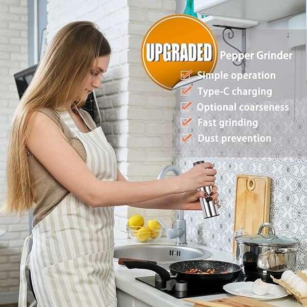 Enutogo Electric Salt and Pepper Grinder Set, Rechargeable Salt and Pepper Shakers Refillable, Automatic Pepper Mill with Adjustable Coarseness, One Hand Operation with LED light, Stainless Steel - Image 3