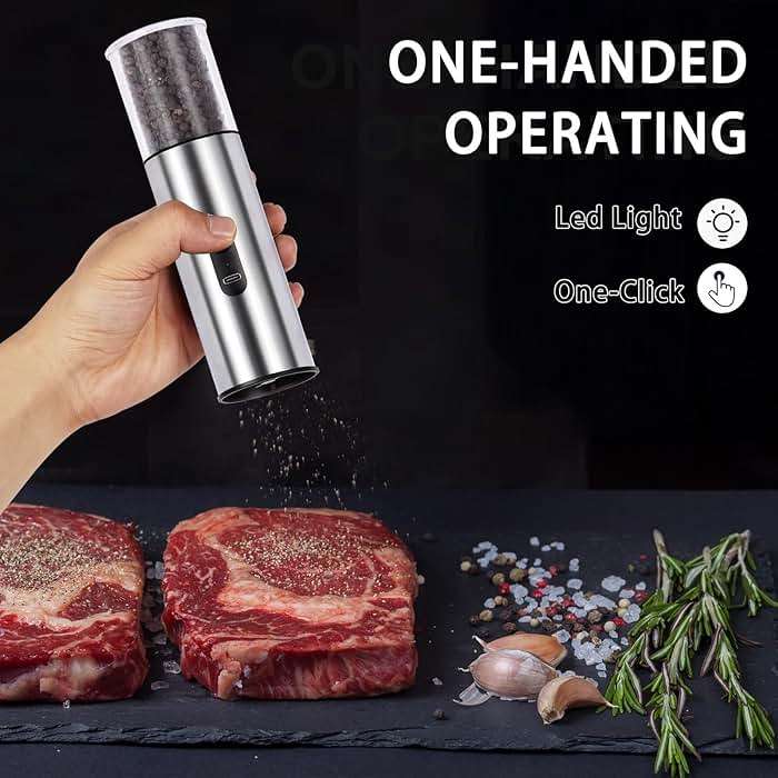 Enutogo Electric Salt and Pepper Grinder Set, Rechargeable Salt and Pepper Shakers Refillable, Automatic Pepper Mill with Adjustable Coarseness, One Hand Operation with LED light, Stainless Steel - Image 6