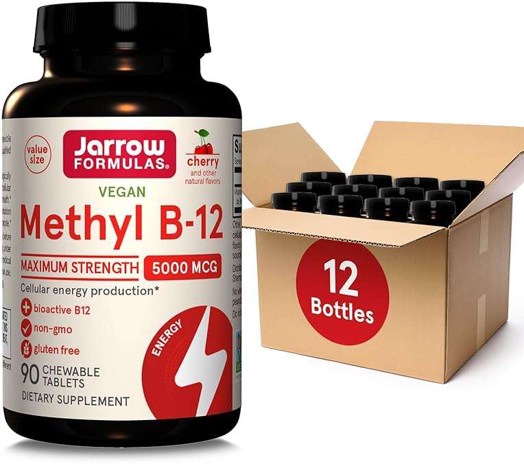Jarrow Formulas Maximum Strength Methyl B-12 5000 mcg Dietary Supplement - 90 Cherry Chewable Tablets - Bioactive Vitamin B-12 - Supports Cellular Energy Production, Sleep & Brain Health (Pack of 12) - Image 1
