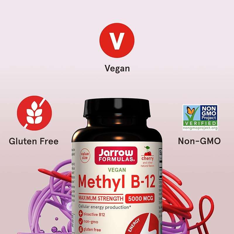 Jarrow Formulas Maximum Strength Methyl B-12 5000 mcg Dietary Supplement - 90 Cherry Chewable Tablets - Bioactive Vitamin B-12 - Supports Cellular Energy Production, Sleep & Brain Health (Pack of 12) - Image 5