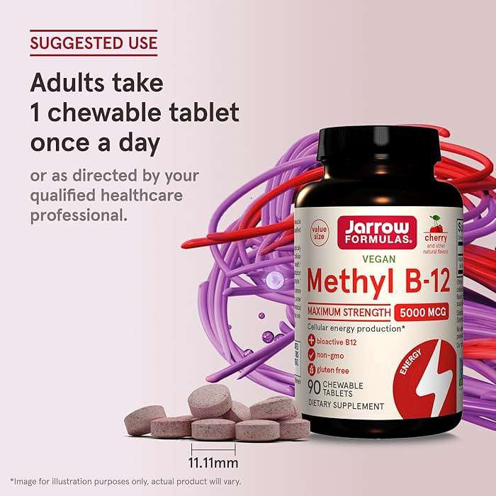 Jarrow Formulas Maximum Strength Methyl B-12 5000 mcg Dietary Supplement - 90 Cherry Chewable Tablets - Bioactive Vitamin B-12 - Supports Cellular Energy Production, Sleep & Brain Health (Pack of 12) - Image 7
