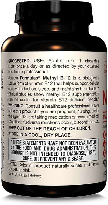 Jarrow Formulas Maximum Strength Methyl B-12 5000 mcg Dietary Supplement - 90 Cherry Chewable Tablets - Bioactive Vitamin B-12 - Supports Cellular Energy Production, Sleep & Brain Health (Pack of 12) - Image 9