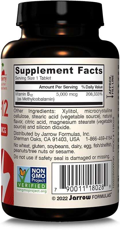 Jarrow Formulas Maximum Strength Methyl B-12 5000 mcg Dietary Supplement - 90 Cherry Chewable Tablets - Bioactive Vitamin B-12 - Supports Cellular Energy Production, Sleep & Brain Health (Pack of 12) - Image 10
