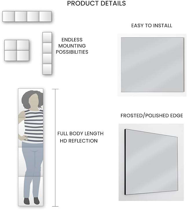 Dulles Glass - Wall Mirrors, 12''x 10'' Glass Wall Mirror Tiles (16 PCS), Large Full Body Mirror for Home Gym, Bedroom, Door, Bathroom, Frameless Mirror Tiles (Glass - 12'' x 10'' - 16PCS) - Image 4