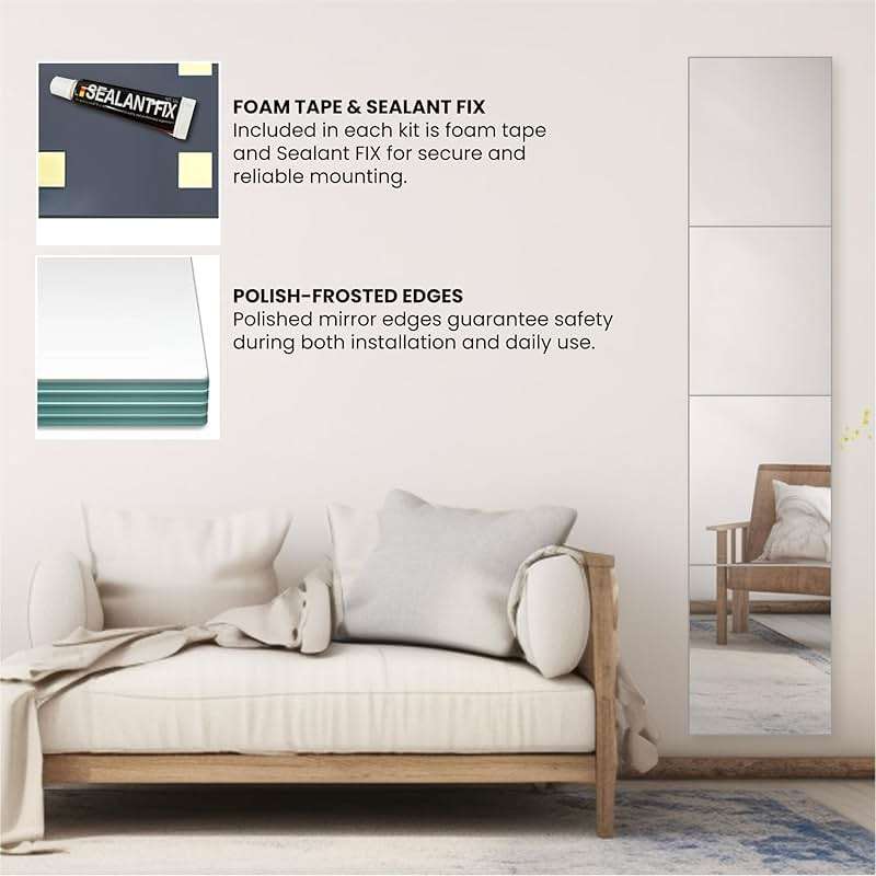 Dulles Glass - Wall Mirrors, 12''x 10'' Glass Wall Mirror Tiles (16 PCS), Large Full Body Mirror for Home Gym, Bedroom, Door, Bathroom, Frameless Mirror Tiles (Glass - 12'' x 10'' - 16PCS) - Image 6