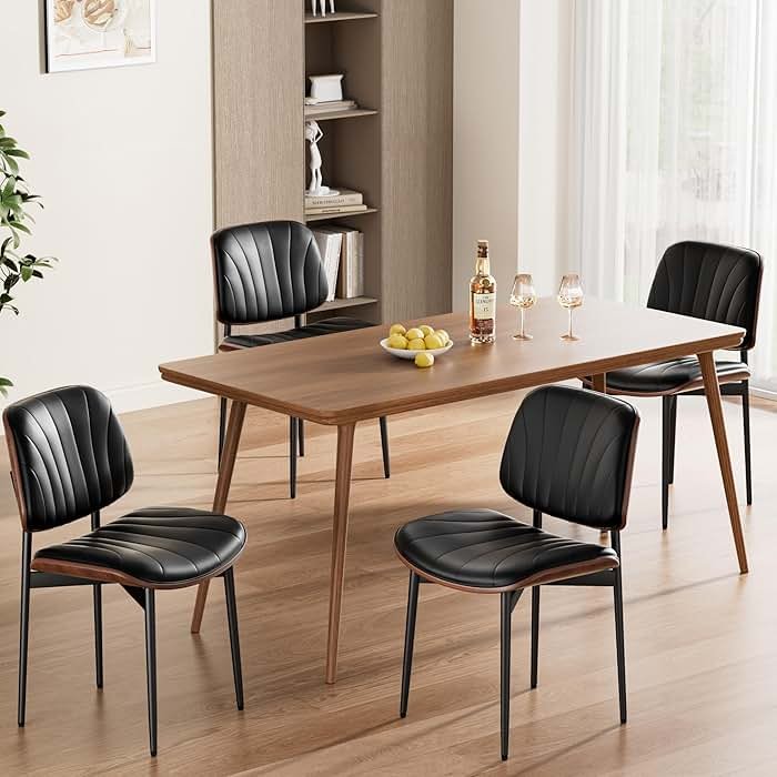 REONEY Dining Chairs Set of 4, Mid-Century Modern Upholstered PU Leather Chairs with Walnut Bentwood Back and Metal Legs Adjustable Feet for Kitchen Dining Room, Black Shell Strips - Product Image