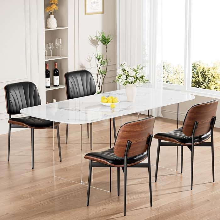 REONEY Dining Chairs Set of 4, Mid-Century Modern Upholstered PU Leather Chairs with Walnut Bentwood Back and Metal Legs Adjustable Feet for Kitchen Dining Room, Black Shell Strips - Image 3