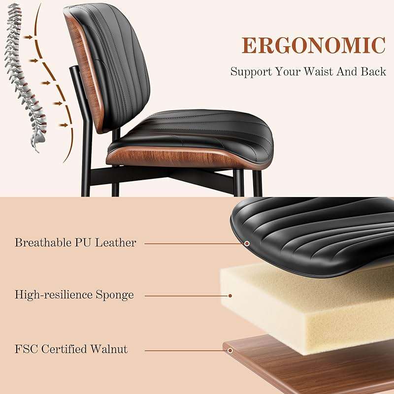 REONEY Dining Chairs Set of 4, Mid-Century Modern Upholstered PU Leather Chairs with Walnut Bentwood Back and Metal Legs Adjustable Feet for Kitchen Dining Room, Black Shell Strips - Image 5