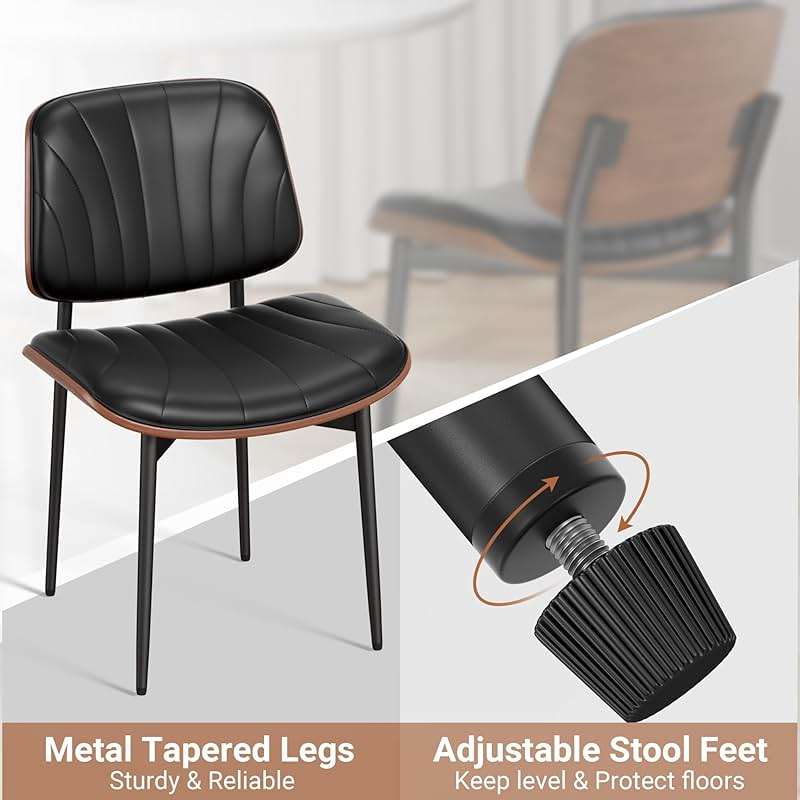 REONEY Dining Chairs Set of 4, Mid-Century Modern Upholstered PU Leather Chairs with Walnut Bentwood Back and Metal Legs Adjustable Feet for Kitchen Dining Room, Black Shell Strips - Image 6