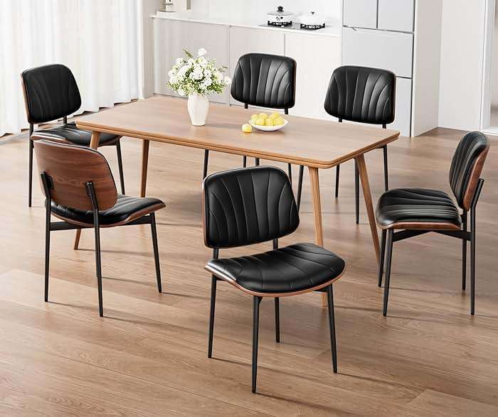 REONEY Dining Chairs Set of 4, Mid-Century Modern Upholstered PU Leather Chairs with Walnut Bentwood Back and Metal Legs Adjustable Feet for Kitchen Dining Room, Black Shell Strips - Image 7