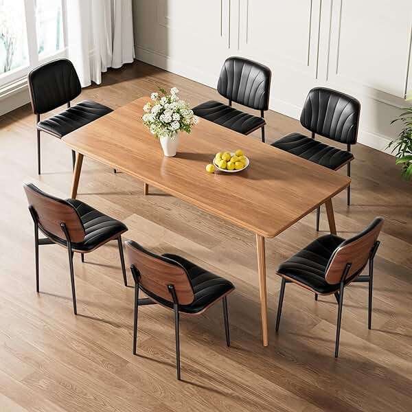 REONEY Dining Chairs Set of 4, Mid-Century Modern Upholstered PU Leather Chairs with Walnut Bentwood Back and Metal Legs Adjustable Feet for Kitchen Dining Room, Black Shell Strips - Image 8