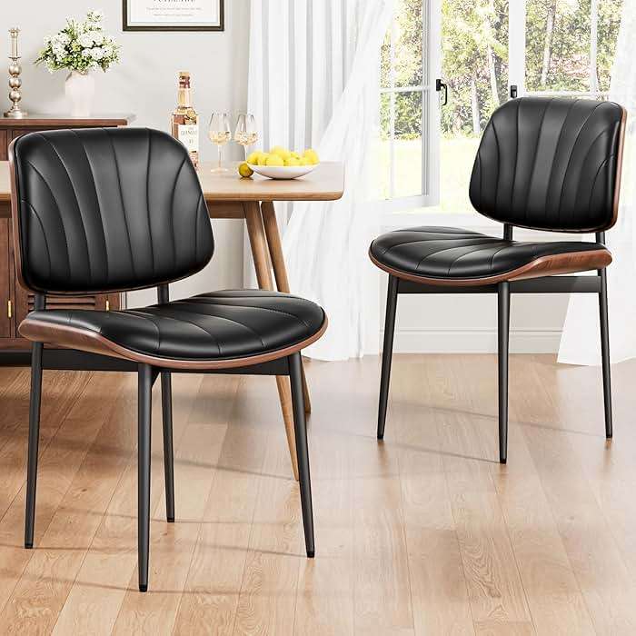 REONEY Dining Chairs Set of 4, Mid-Century Modern Upholstered PU Leather Chairs with Walnut Bentwood Back and Metal Legs Adjustable Feet for Kitchen Dining Room, Black Shell Strips - Image 9