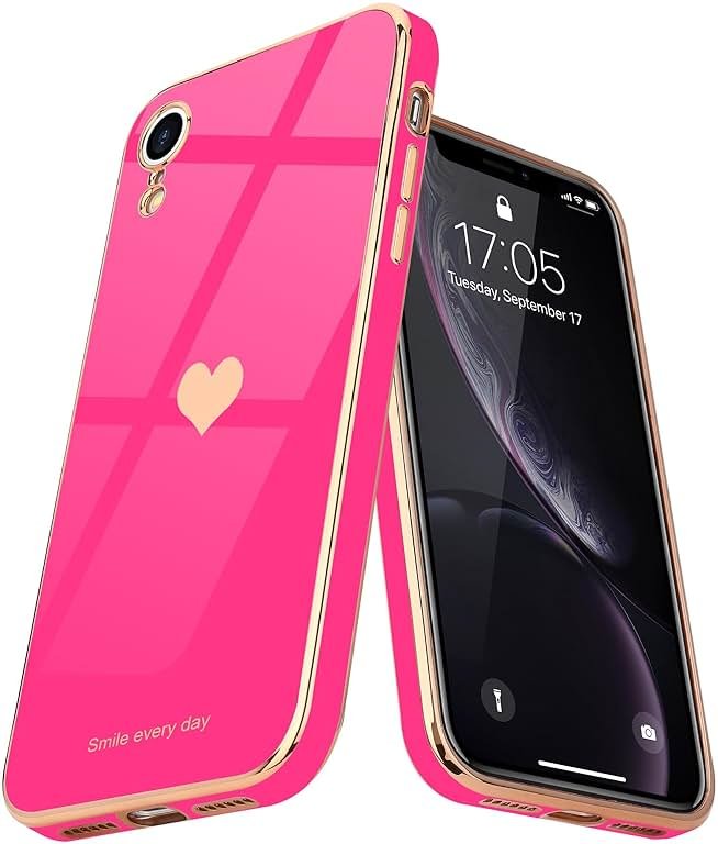Teageo Compatible with iPhone Xr Case for Women Girl Cute Love-Heart Luxury Bling Plating Soft Back Cover Raised Full Camera Protection Bumper Silicone Shockproof Phone Case for iPhone Xr, Hot Pink - Product Image