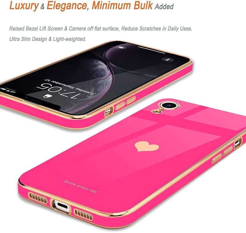 Teageo Compatible with iPhone Xr Case for Women Girl Cute Love-Heart Luxury Bling Plating Soft Back Cover Raised Full Camera Protection Bumper Silicone Shockproof Phone Case for iPhone Xr, Hot Pink - Image 3