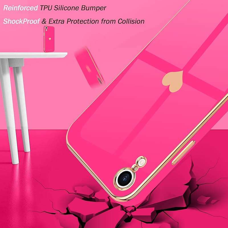 Teageo Compatible with iPhone Xr Case for Women Girl Cute Love-Heart Luxury Bling Plating Soft Back Cover Raised Full Camera Protection Bumper Silicone Shockproof Phone Case for iPhone Xr, Hot Pink - Image 4
