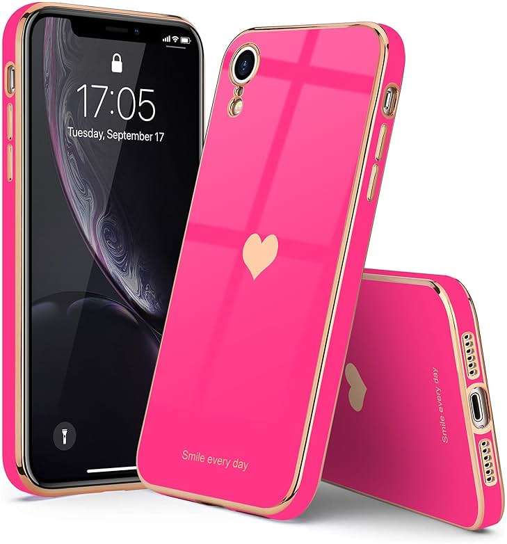 Teageo Compatible with iPhone Xr Case for Women Girl Cute Love-Heart Luxury Bling Plating Soft Back Cover Raised Full Camera Protection Bumper Silicone Shockproof Phone Case for iPhone Xr, Hot Pink - Image 6