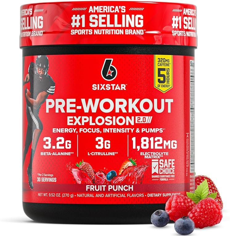 Six Star Pre-Workout Powder for Men & Women, Fruit Punch (30 Servings) - Preworkout Explosion 2.0 Energy Powder Drink Mix with Beta-Alanine & Caffeine - Sports Nutrition Supplement Products - Product Image
