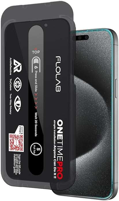 FLOLAB NanoArmour ONETIME PRO for iPhone 15 Pro Privacy Screen Protector, Anti-Reflective, 3D Edge-to-Edge, Anti-Spy Tempered Glass, Reinforced Edges, Durable, Smooth, Easy Install, Dust-Free - Image 1