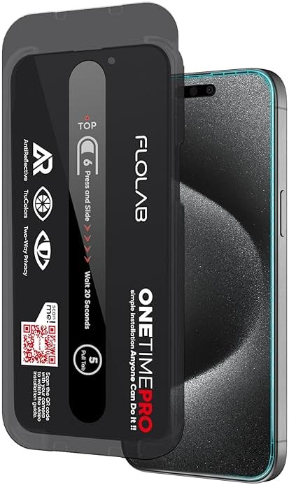 FLOLAB NanoArmour ONETIME PRO for iPhone 15 Pro Privacy Screen Protector, Anti-Reflective, 3D Edge-to-Edge, Anti-Spy Tempered Glass, Reinforced Edges, Durable, Smooth, Easy Install, Dust-Free - Product Image