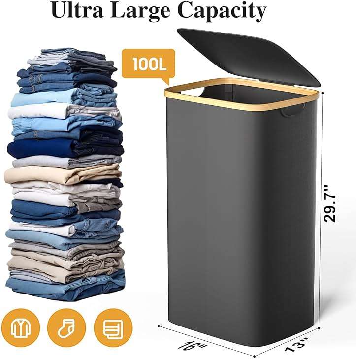 Foluck Large Laundry Hamper, 100L Waterproof Laundry Basket with Lid and Removable Bag, Collapsible Tall Clothes Hamper with Bamboo Handles for Clothes Toys in Dorm Bedroom Bathroom, Black - Image 2
