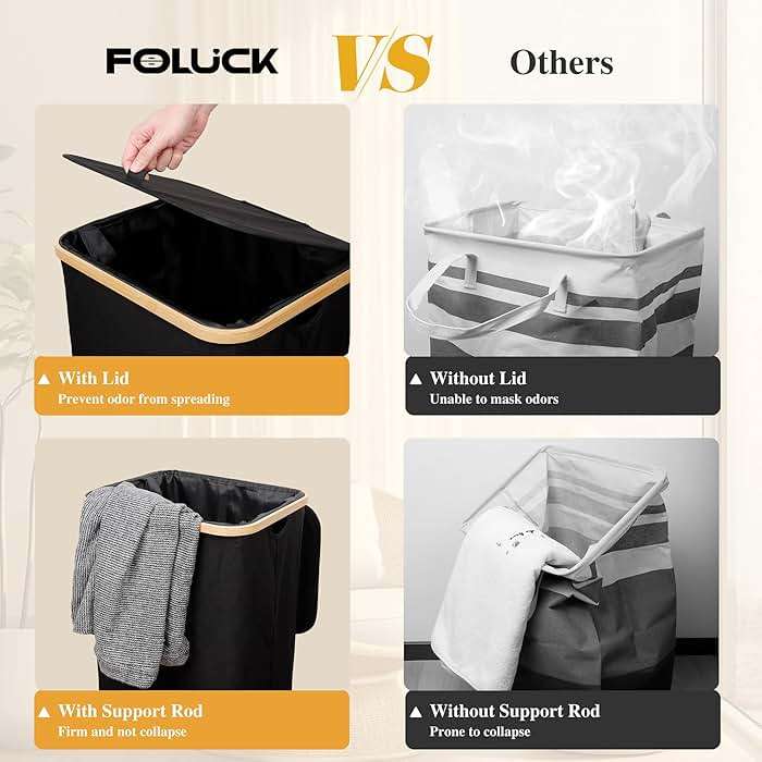 Foluck Large Laundry Hamper, 100L Waterproof Laundry Basket with Lid and Removable Bag, Collapsible Tall Clothes Hamper with Bamboo Handles for Clothes Toys in Dorm Bedroom Bathroom, Black - Image 4