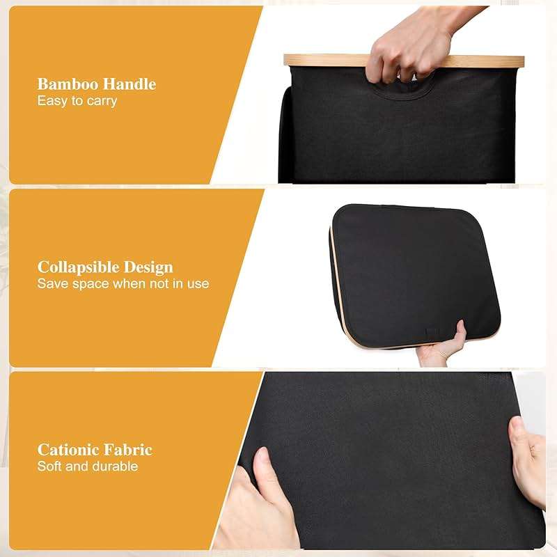 Foluck Large Laundry Hamper, 100L Waterproof Laundry Basket with Lid and Removable Bag, Collapsible Tall Clothes Hamper with Bamboo Handles for Clothes Toys in Dorm Bedroom Bathroom, Black - Image 6