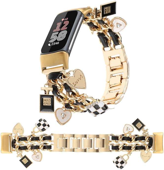 REALSIGN Stylish Metal Wristband Compatible with Fitbit Charge 6/Charge 5 Bands for Women,Cute Strap with Unique Love Cross Pendants Chain Charms Bracelet for Charge 5 6 Fitness Tracker - Image 1