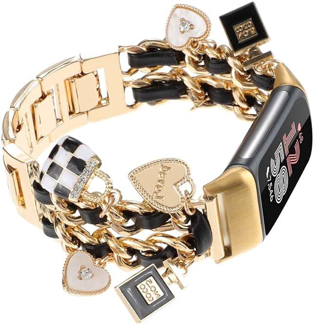 REALSIGN Stylish Metal Wristband Compatible with Fitbit Charge 6/Charge 5 Bands for Women,Cute Strap with Unique Love Cross Pendants Chain Charms Bracelet for Charge 5 6 Fitness Tracker - Image 4