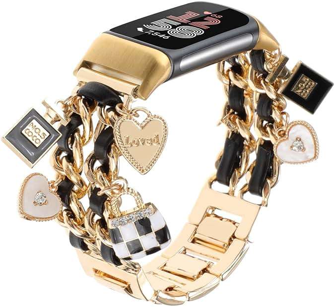 REALSIGN Stylish Metal Wristband Compatible with Fitbit Charge 6/Charge 5 Bands for Women,Cute Strap with Unique Love Cross Pendants Chain Charms Bracelet for Charge 5 6 Fitness Tracker - Image 8