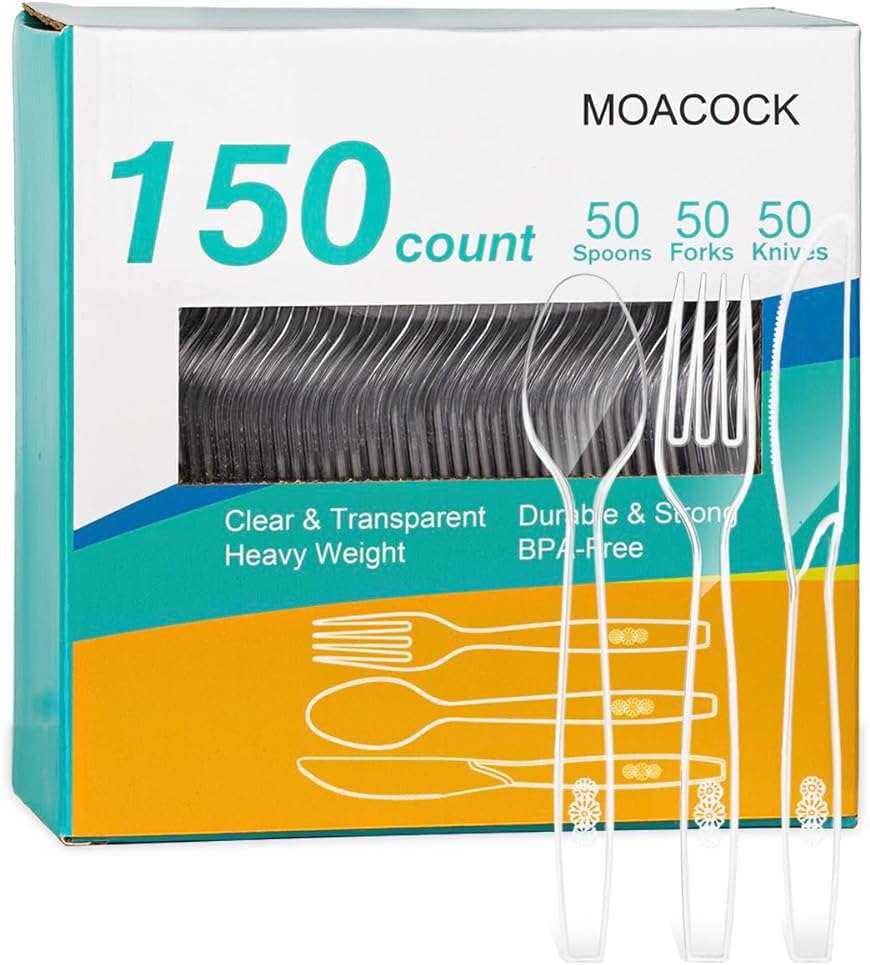 MOACOCK 150 Pcs Clear Plastic Silverware, Heavy Weight Plastic Forks Spoons Knives Disposable Utensils Cutlery Set for Wedding Party Supplies Everyday Use - Image 1