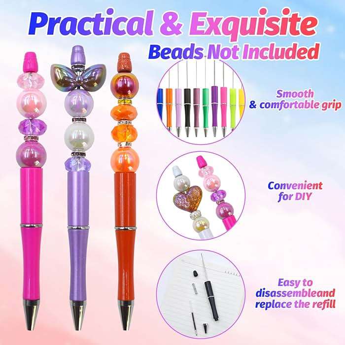 DASTTUIS 150 Pieces DIY Beadable Pen Kit – 50 Plastic Ballpoint Pens with Refills & Bags, Beads Not Included – School Supplies, Office Accessories & Craft Gifts for Students & Teachers (Multicolor) - Image 4
