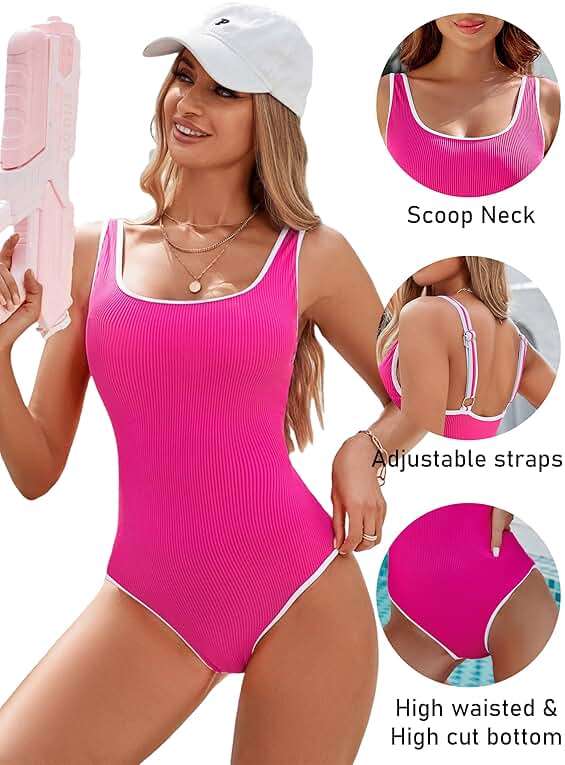 BMJL Women's One Piece Swimsuit Sports Adjustable Strap Bathing Suit Color Block Ribbed High Cut Swimsuits - Image 3