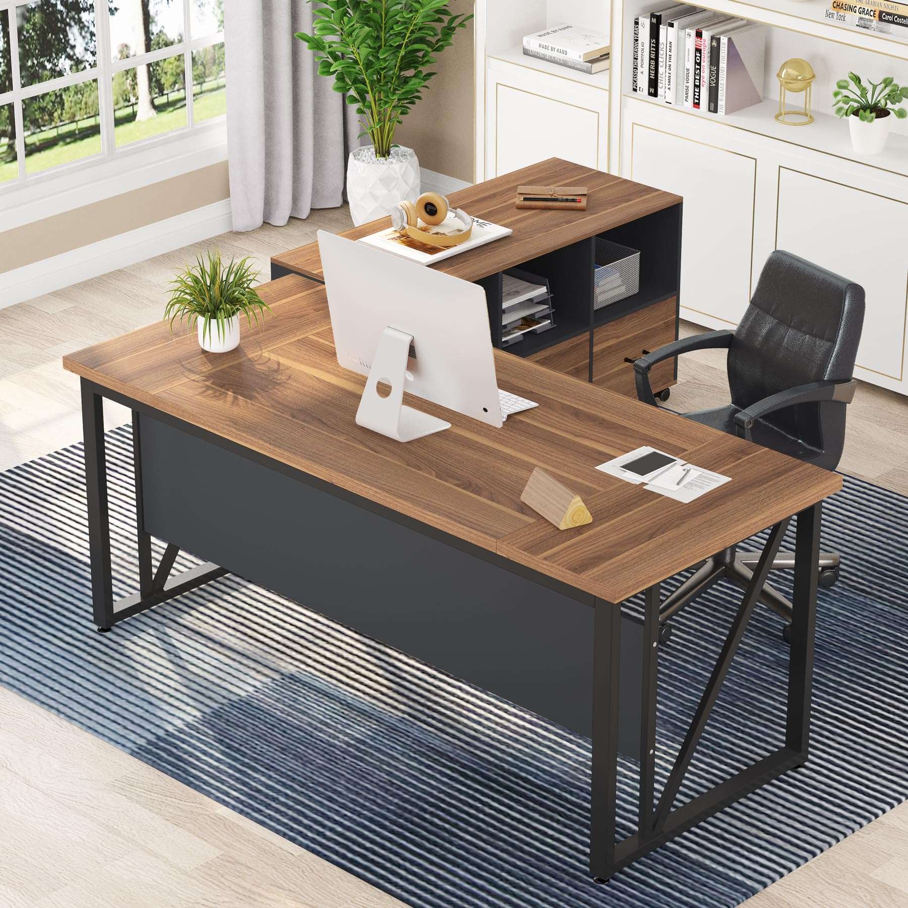 Tribesigns 63 inches Executive Desk and 47" lateral File Cabinet, L-Shaped Computer Desk Home Office Business Furniture with Drawers and Storage Shelves, Office Table,Brown and Black - Image 1